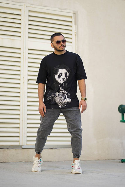 Schwarzes Oversize-T-Shirt mit Panda-Print