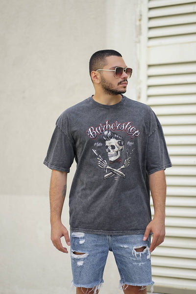 Graues Barbershop-Übergröße-T-Shirt