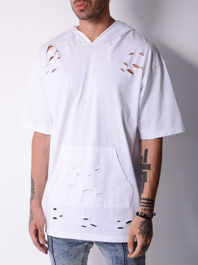 Weißes T-Shirt mit Kapuze und Rissen