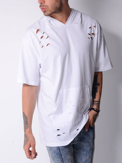 Weißes T-Shirt mit Kapuze und Rissen