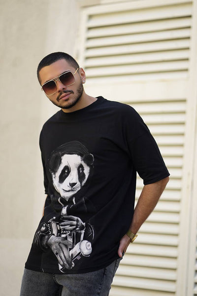 Schwarzes Oversize-T-Shirt mit Panda-Print